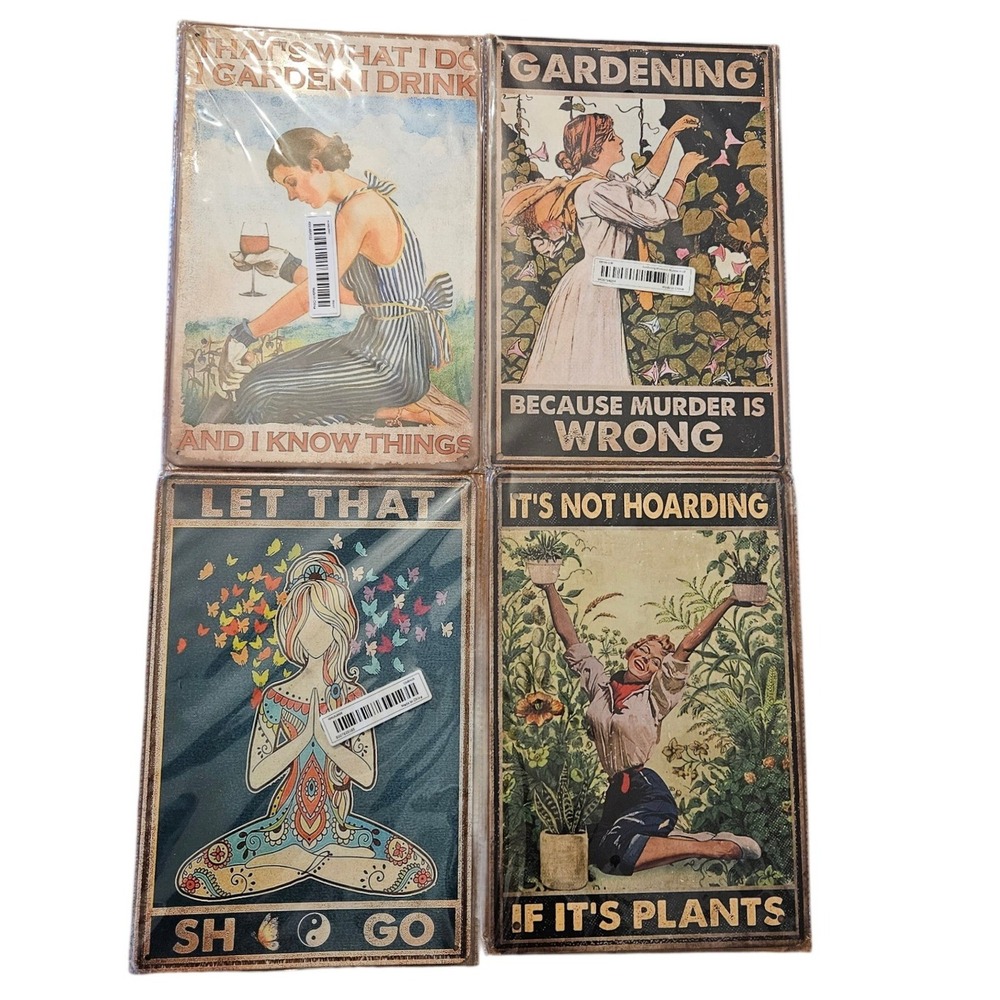 Set of 4 Funny Gardening Tin Signs Vintage Metal Wall Art Retro Plant Decor Gift